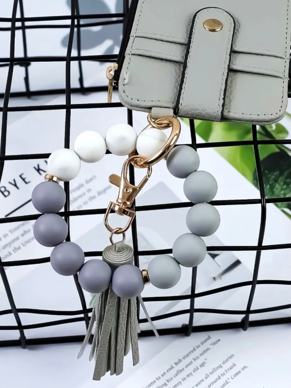 Grey Beaded Wristlet Keychain with Tassel